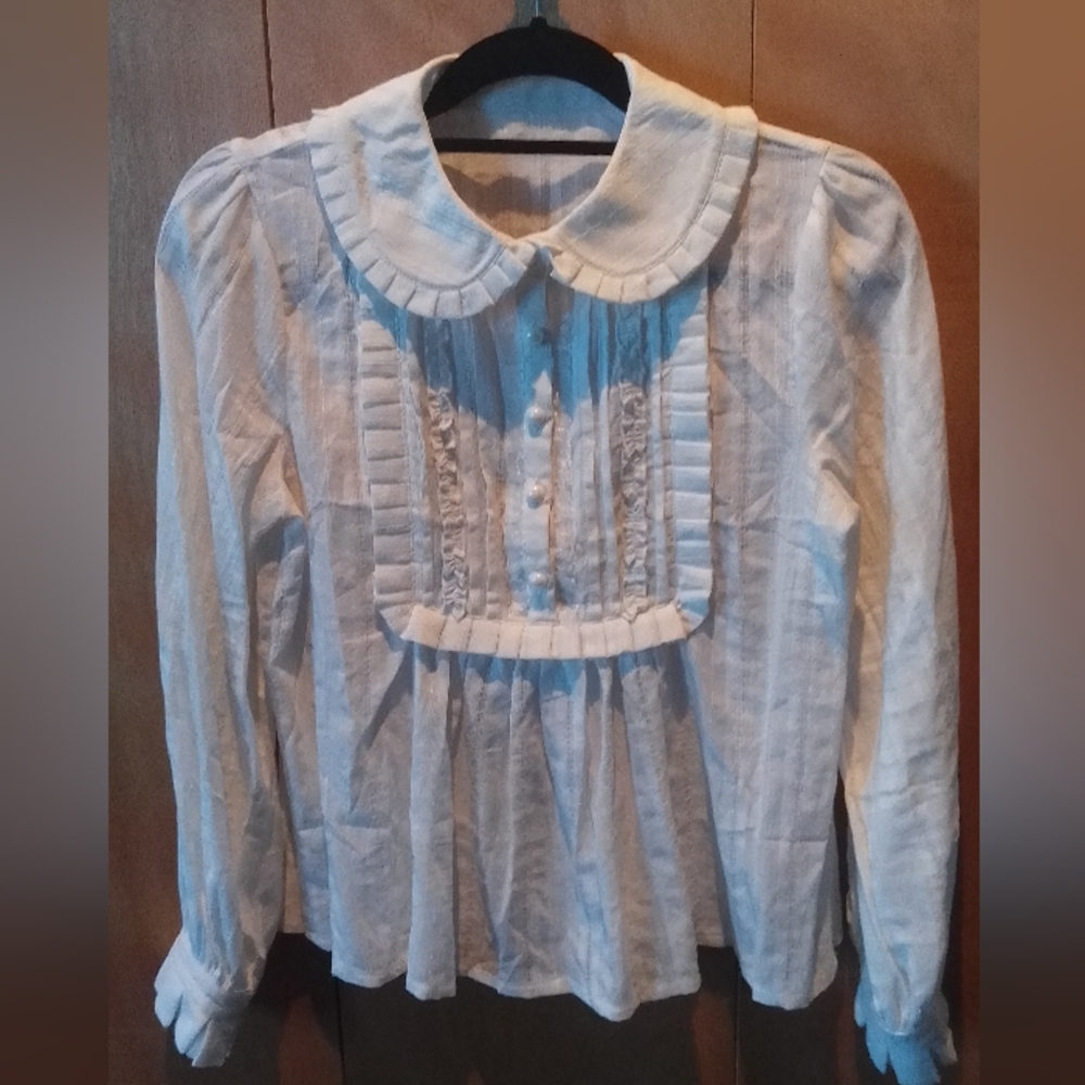 Lolita Blouse, White Seersucker W/ Peterpan & Boxpleat , Sz M from Yilia, NWOT